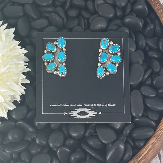 Navajo Sterling Kingman Turquoise 6 Stone Cluster Earrings - Maxine Ramirez - Turquoise Sunset!