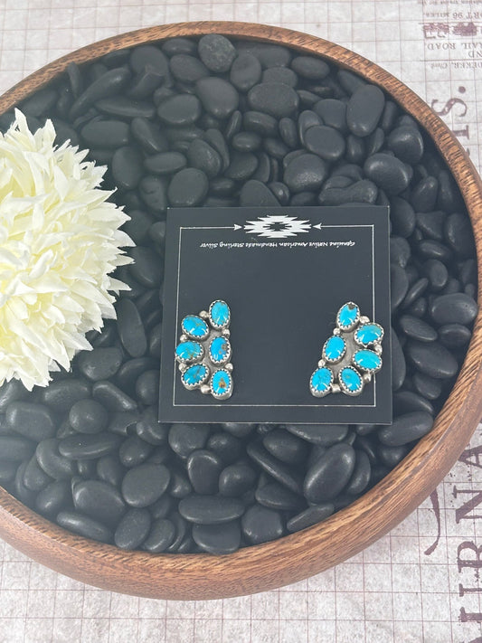 Navajo Sterling Kingman Turquoise 6 Stone Cluster Earrings - Maxine Ramirez - Turquoise Sunset!