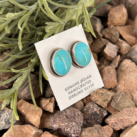 Navajo Sterling Kingman Turquoise Braided Rope Trim Egg Shaped Earrings - Judith Dixon - Turquoise Sunset!