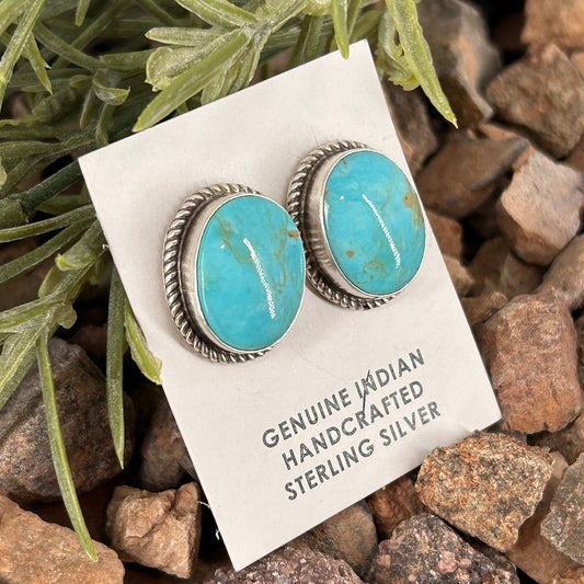 Navajo Sterling Kingman Turquoise Braided Rope Trim Egg Shaped Earrings - Judith Dixon - Turquoise Sunset!
