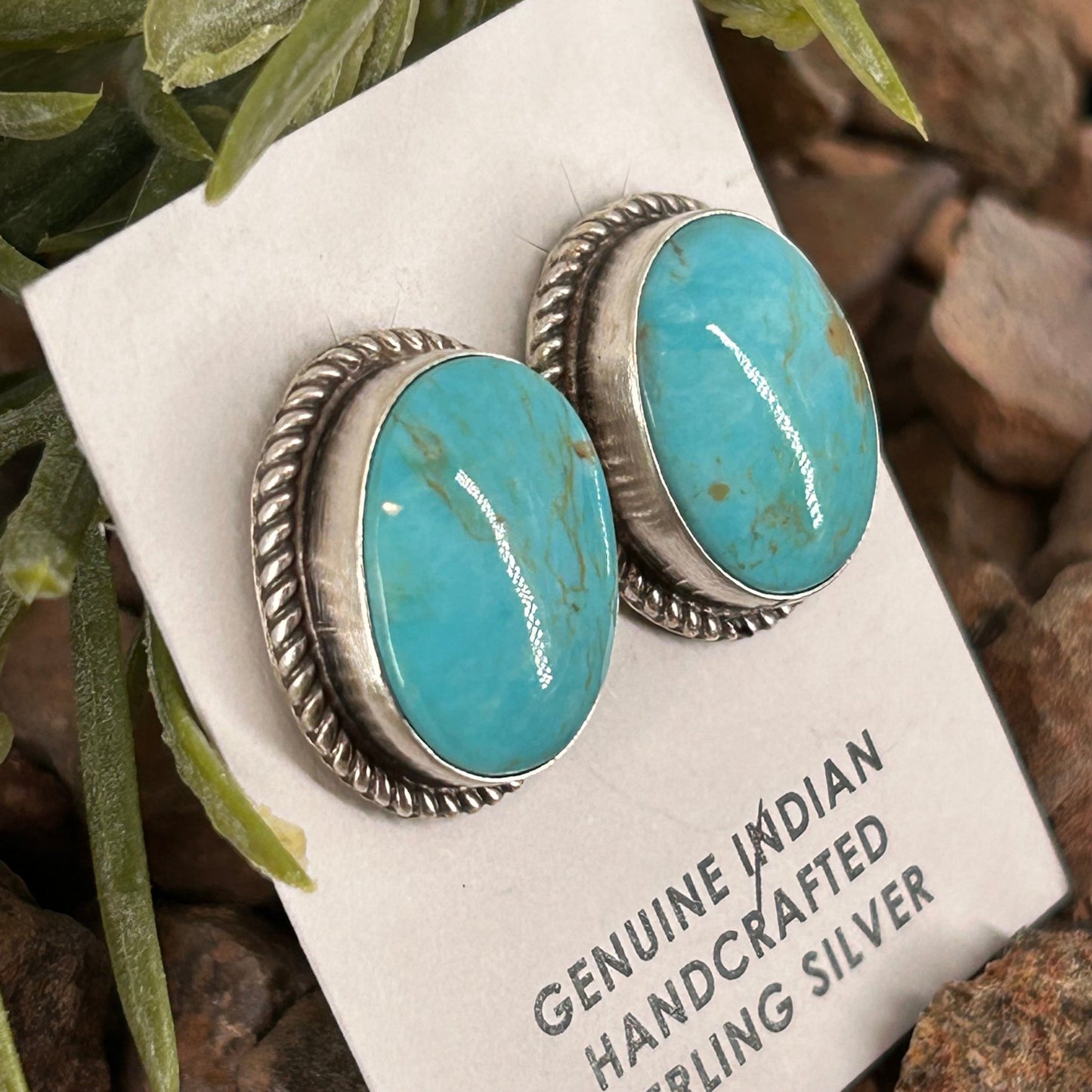 Navajo Sterling Kingman Turquoise Braided Rope Trim Egg Shaped Earrings - Earrings - Judith Dixon - Turquoise Sunset!