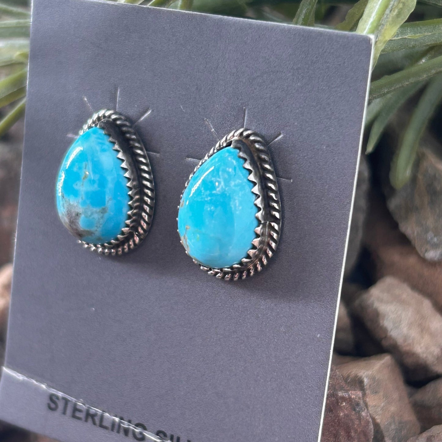 Navajo Sterling Kingman Turquoise Braided Rope Trim Teardrop Stud Earrings - Earrings - Trish Largo - Turquoise Sunset!