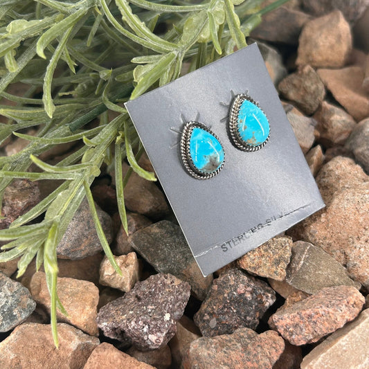 Navajo Sterling Kingman Turquoise Braided Rope Trim Teardrop Stud Earrings - Trish Largo - Turquoise Sunset!