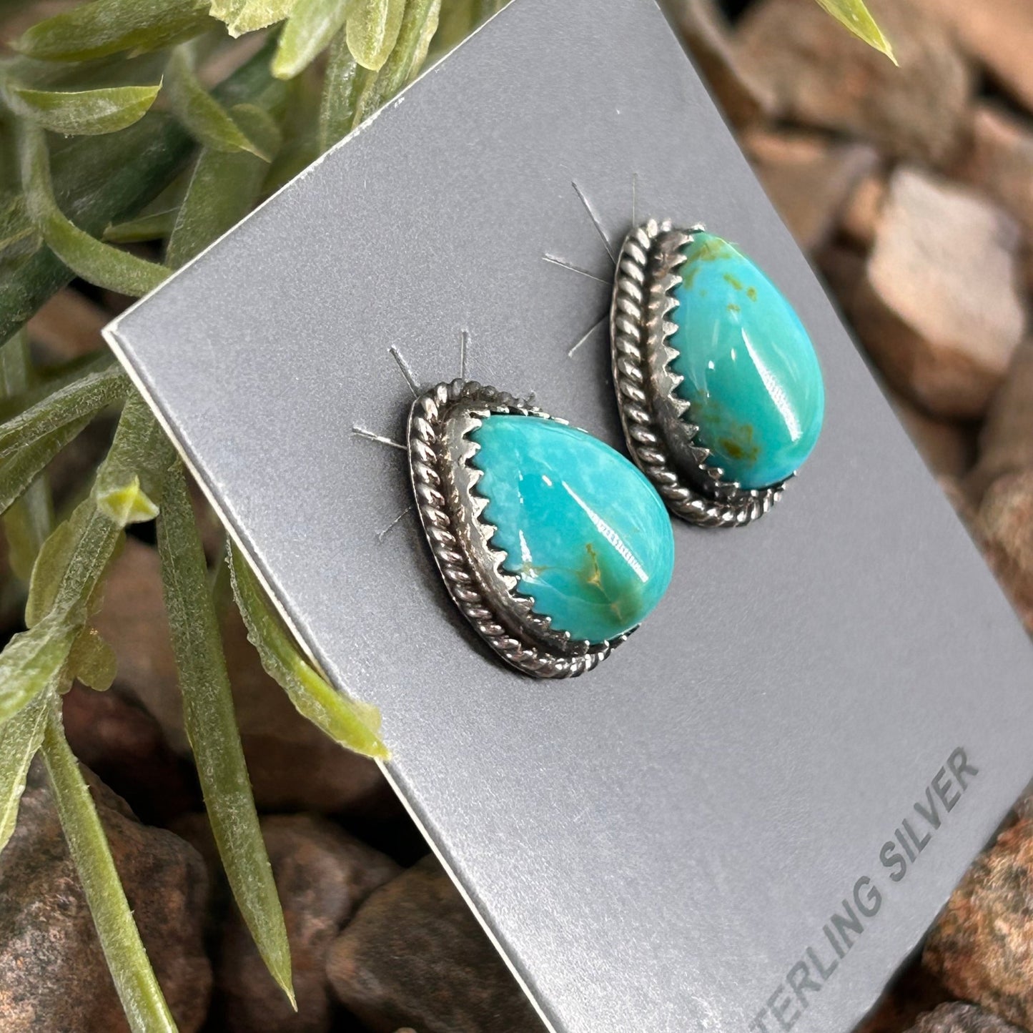 Navajo Sterling Kingman Turquoise Braided Rope Trim Teardrop Stud Earrings - Earrings - Trish Largo - Turquoise Sunset!