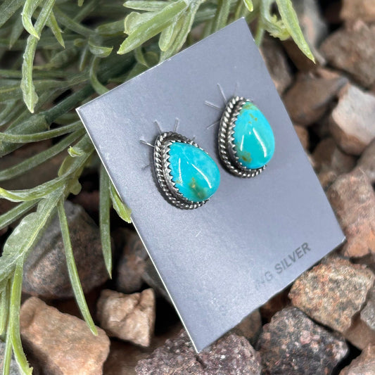Navajo Sterling Kingman Turquoise Braided Rope Trim Teardrop Stud Earrings - Trish Largo - Turquoise Sunset!