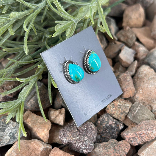 Navajo Sterling Kingman Turquoise Braided Rope Trim Teardrop Stud Earrings - Trish Largo - Turquoise Sunset!