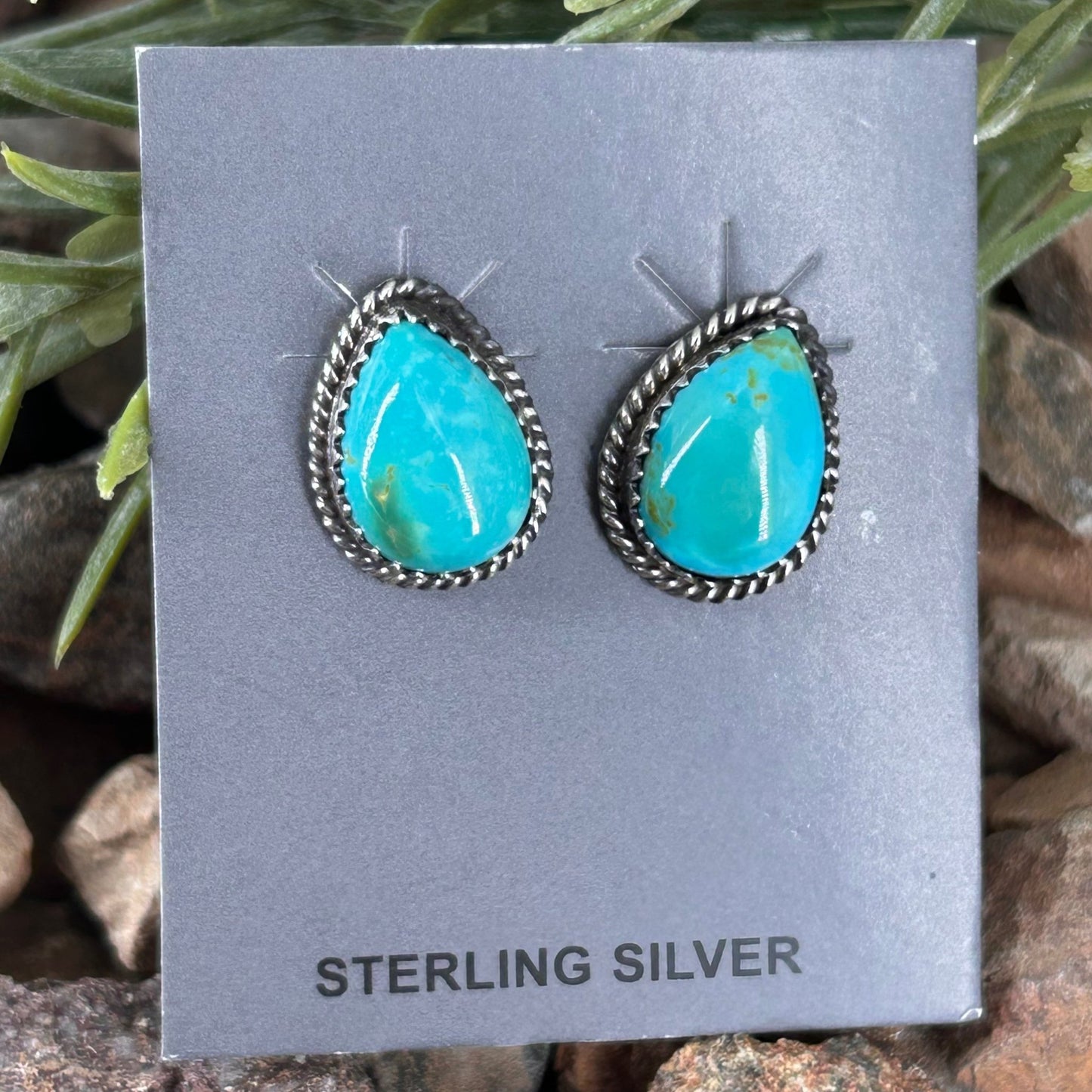 Navajo Sterling Kingman Turquoise Braided Rope Trim Teardrop Stud Earrings - Earrings - Trish Largo - Turquoise Sunset!