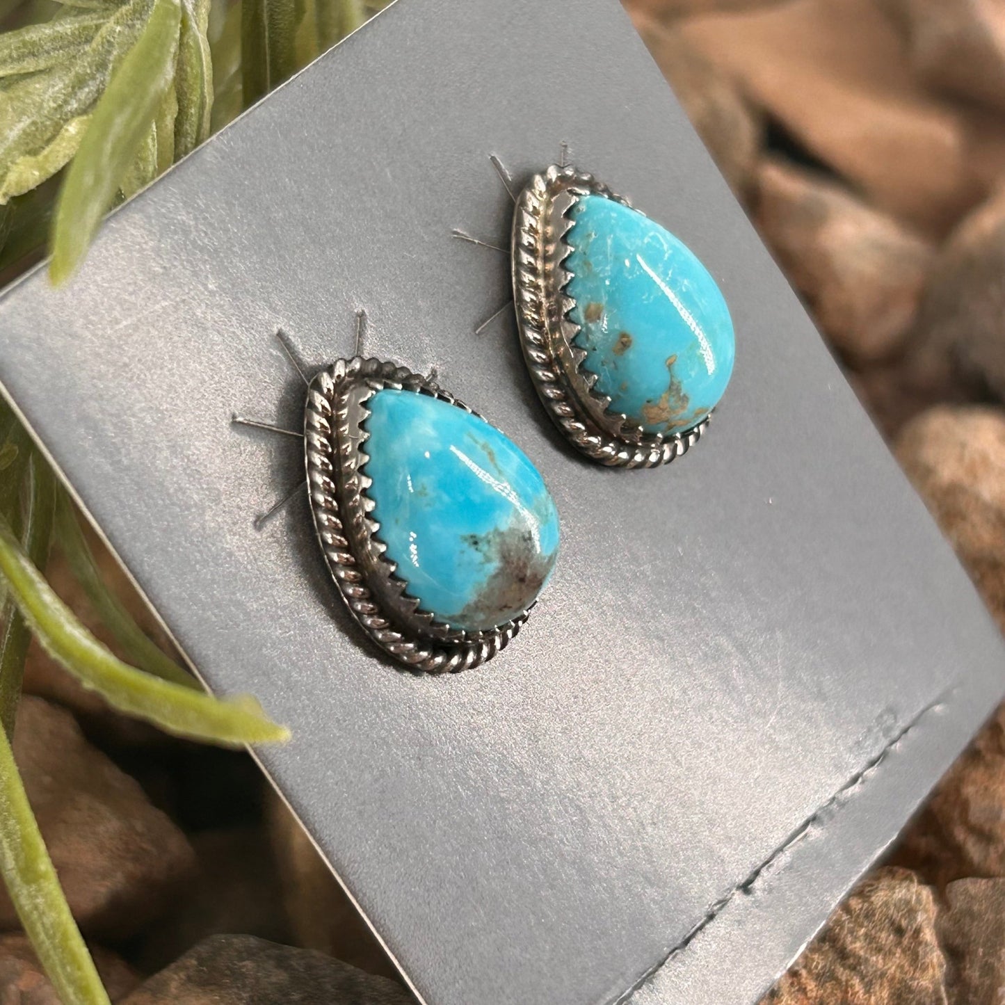 Navajo Sterling Kingman Turquoise Braided Rope Trim Teardrop Stud Earrings - Earrings - Trish Largo - Turquoise Sunset!