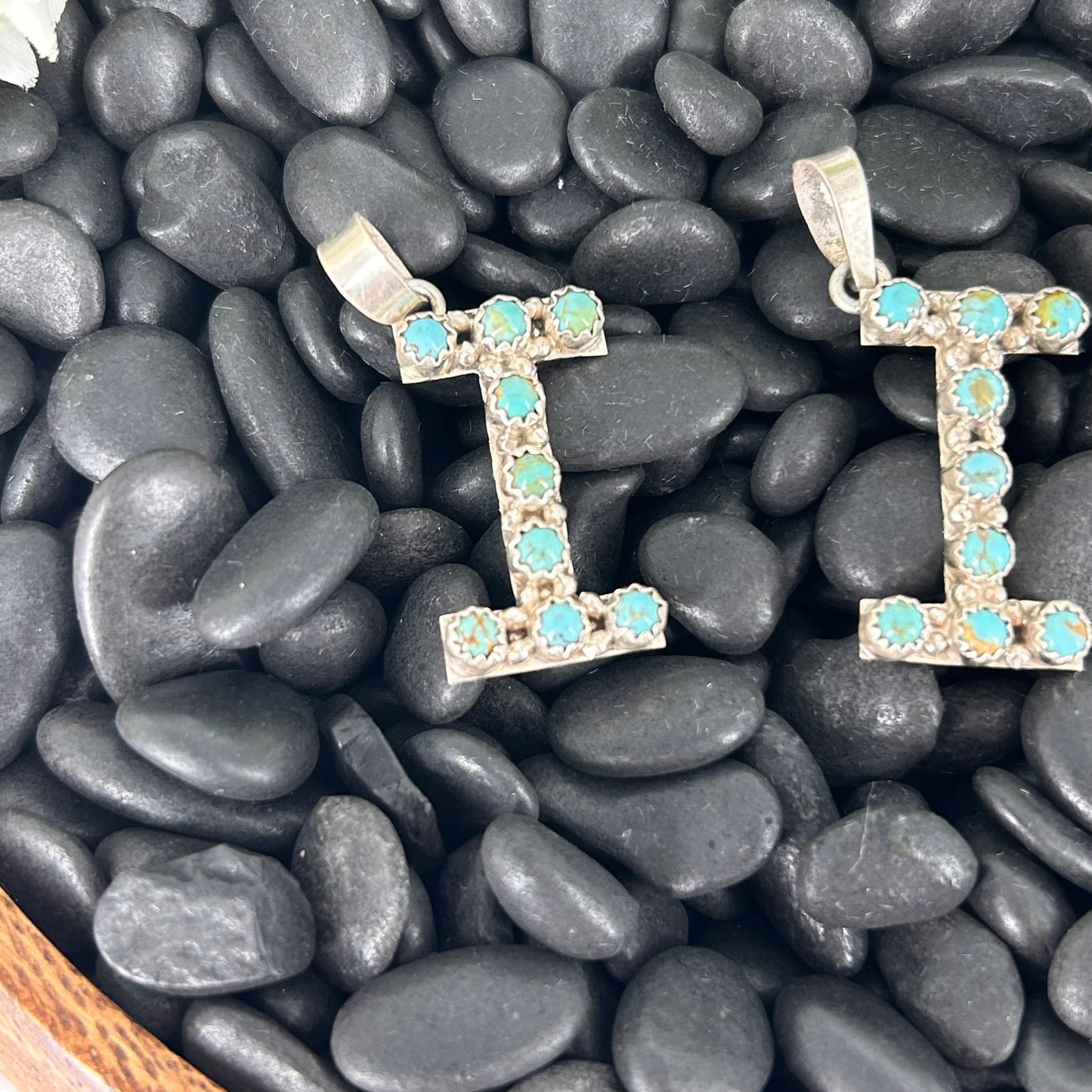 Sterling Kingman Turquoise Letter I Shaped Pendant (9 Small Stones) - Pendant - Stamped - Turquoise Sunset!