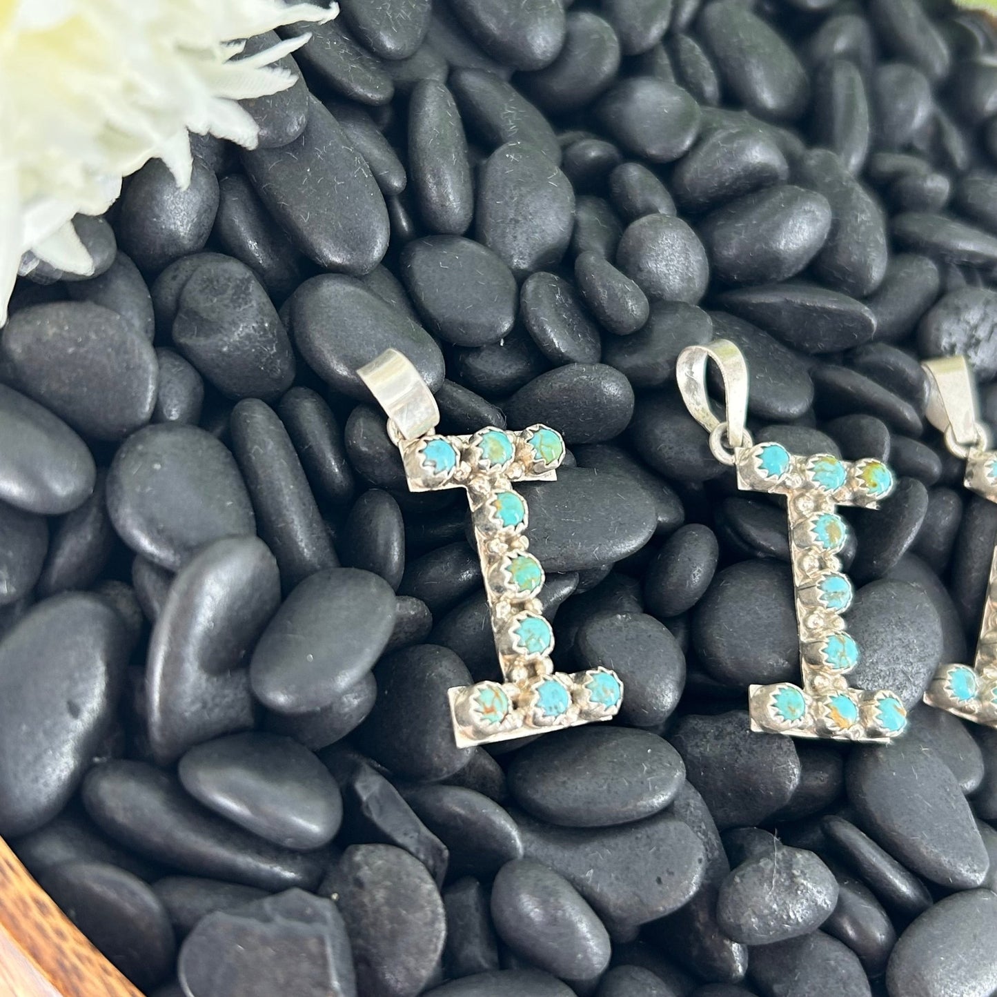 Sterling Kingman Turquoise Letter I Shaped Pendant (9 Small Stones) - Pendant - Stamped - Turquoise Sunset!