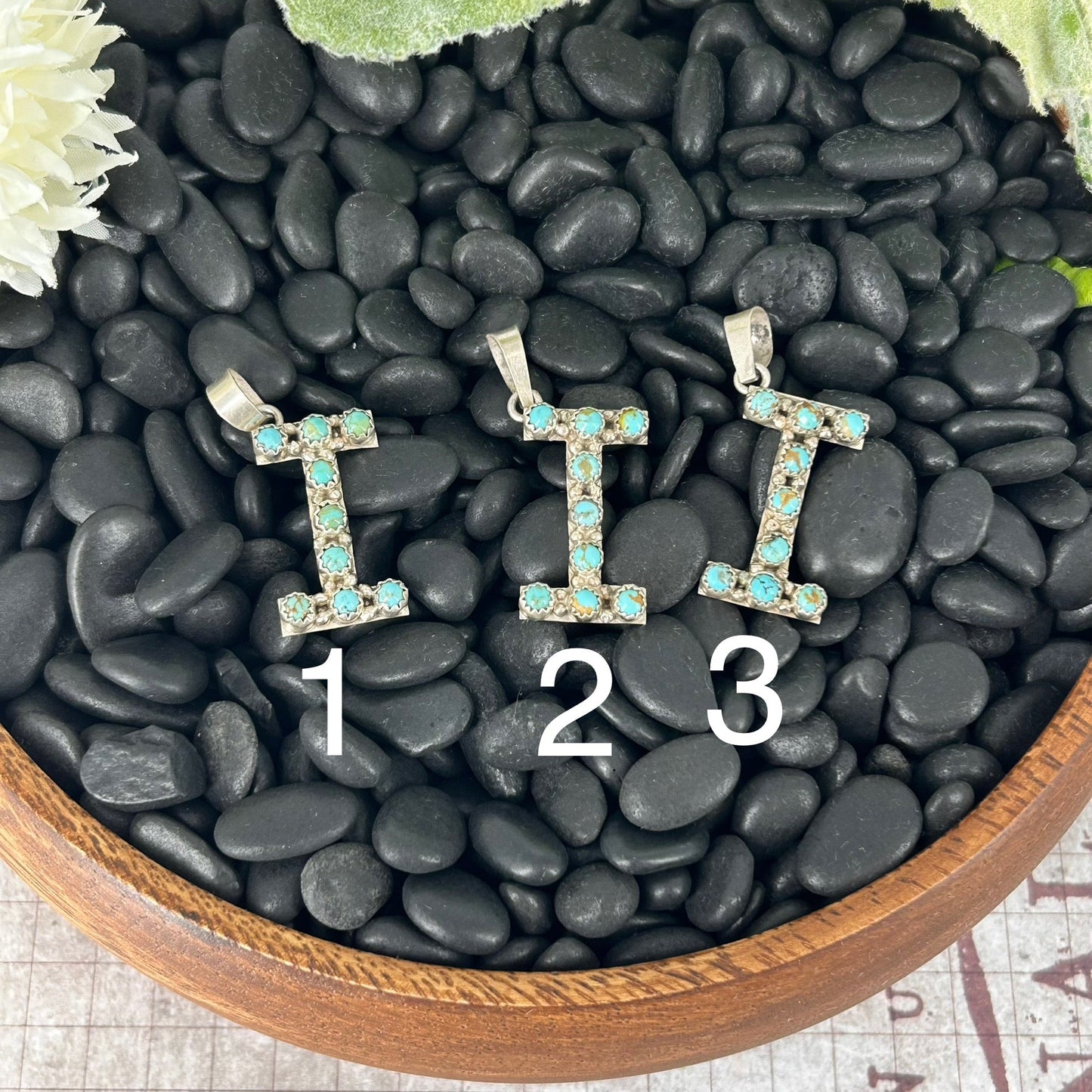 Sterling Kingman Turquoise Letter I Shaped Pendant (9 Small Stones) - Pendant - Stamped - Turquoise Sunset!