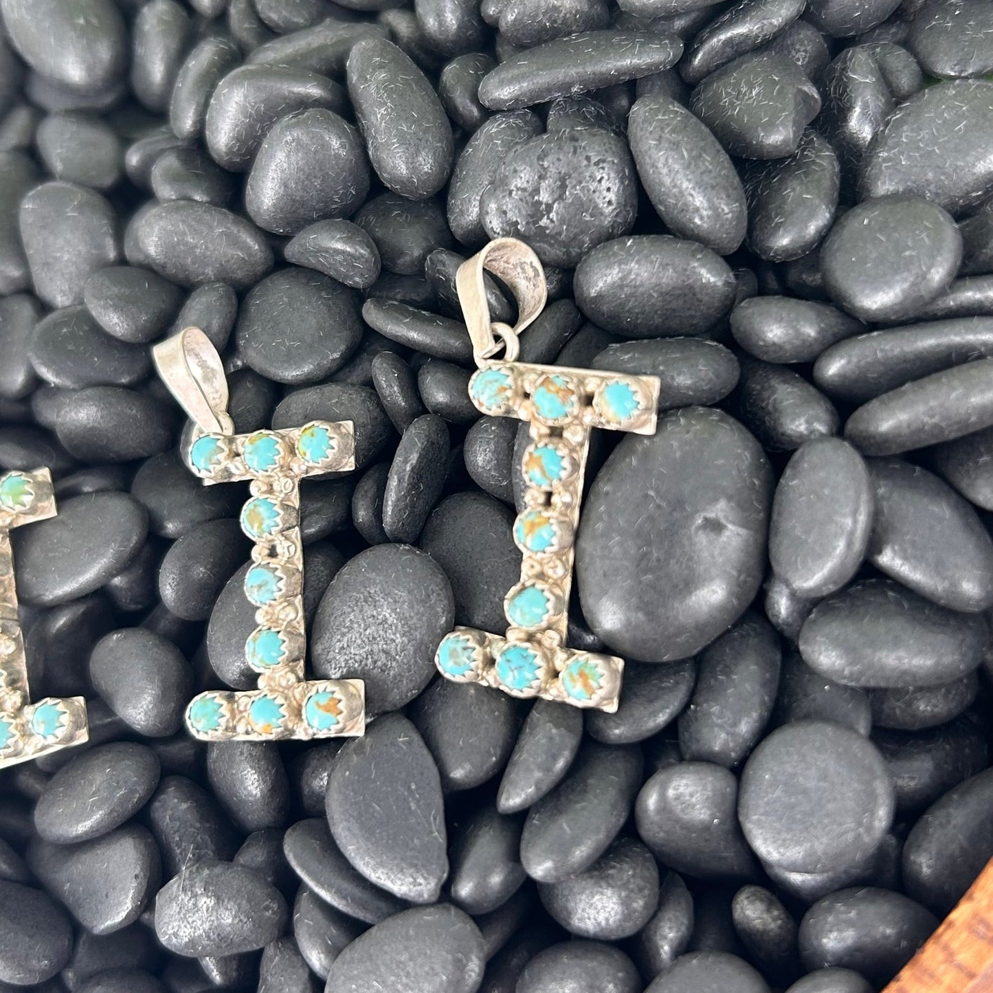 Sterling Kingman Turquoise Letter I Shaped Pendant (9 Small Stones) - Pendant - Stamped - Turquoise Sunset!