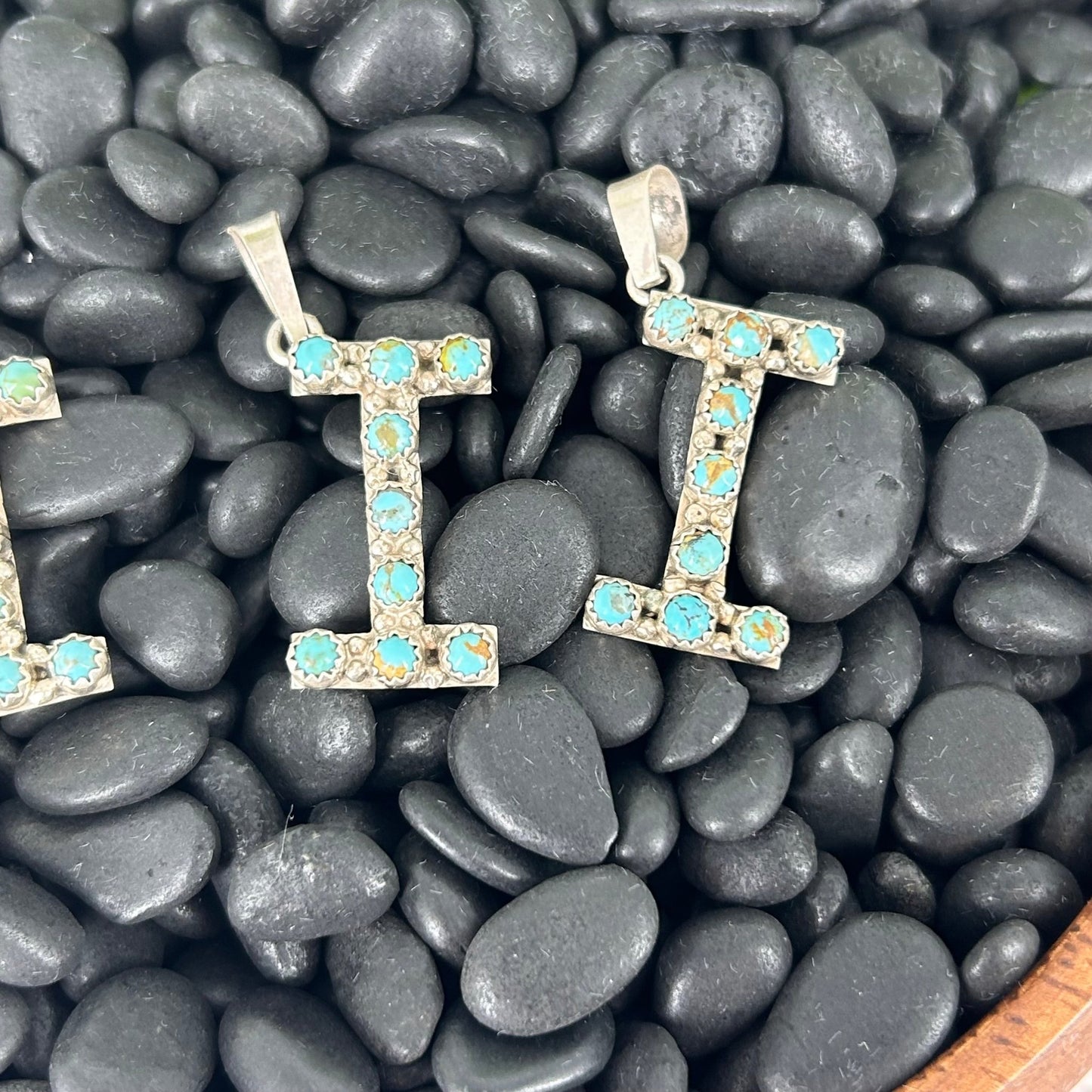 Sterling Kingman Turquoise Letter I Shaped Pendant (9 Small Stones) - Pendant - Stamped - Turquoise Sunset!