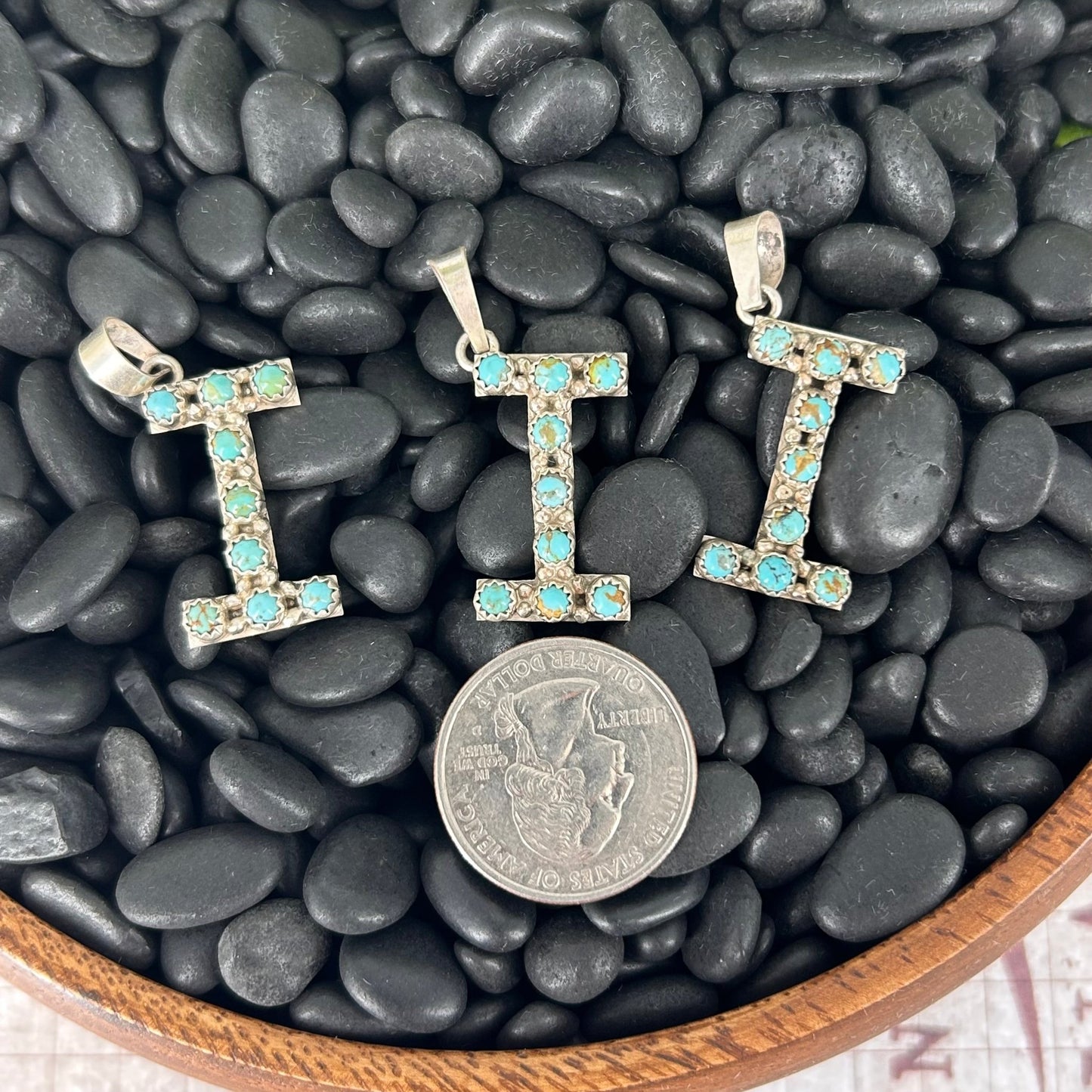 Sterling Kingman Turquoise Letter I Shaped Pendant (9 Small Stones) - Pendant - Stamped - Turquoise Sunset!