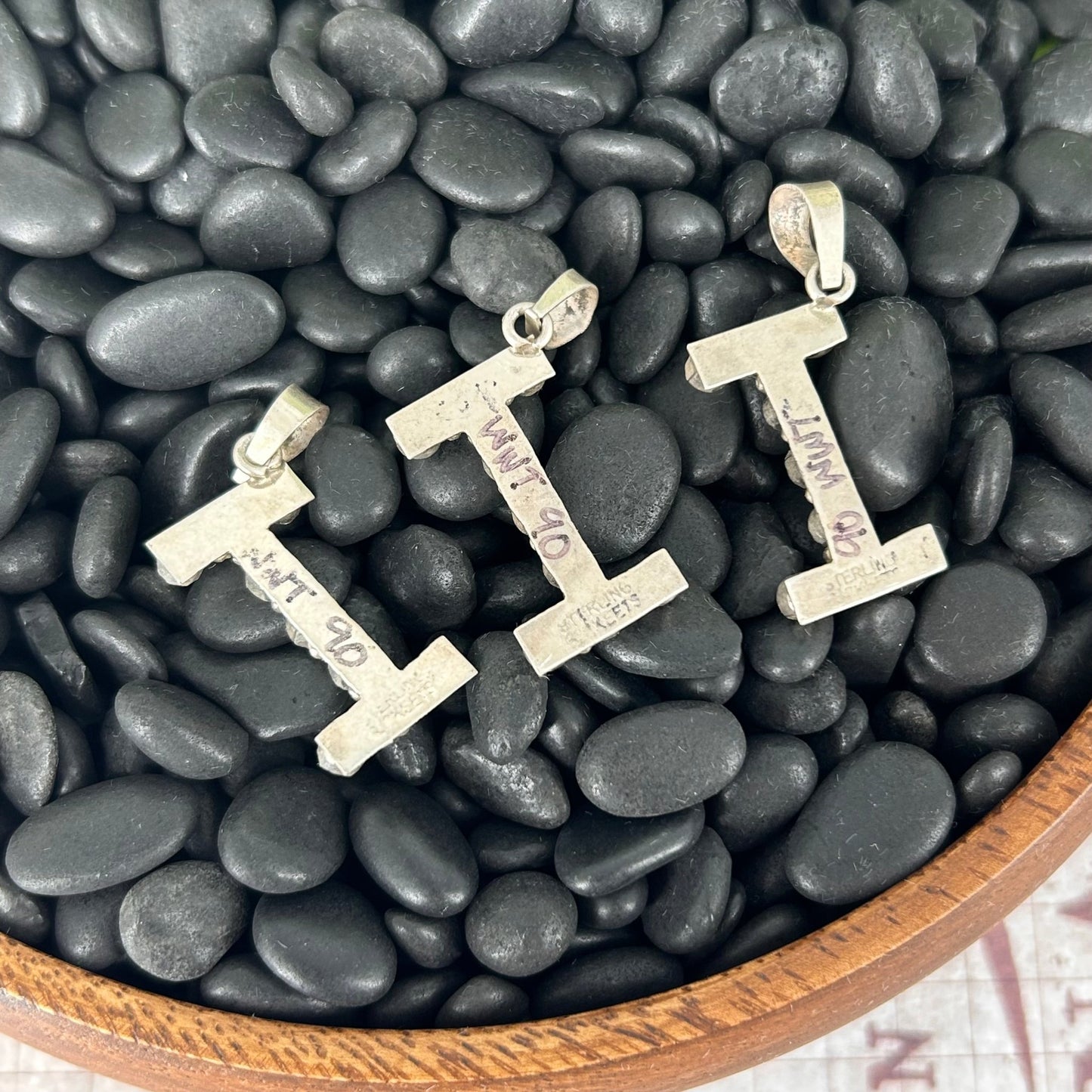 Sterling Kingman Turquoise Letter I Shaped Pendant (9 Small Stones) - Pendant - Stamped - Turquoise Sunset!