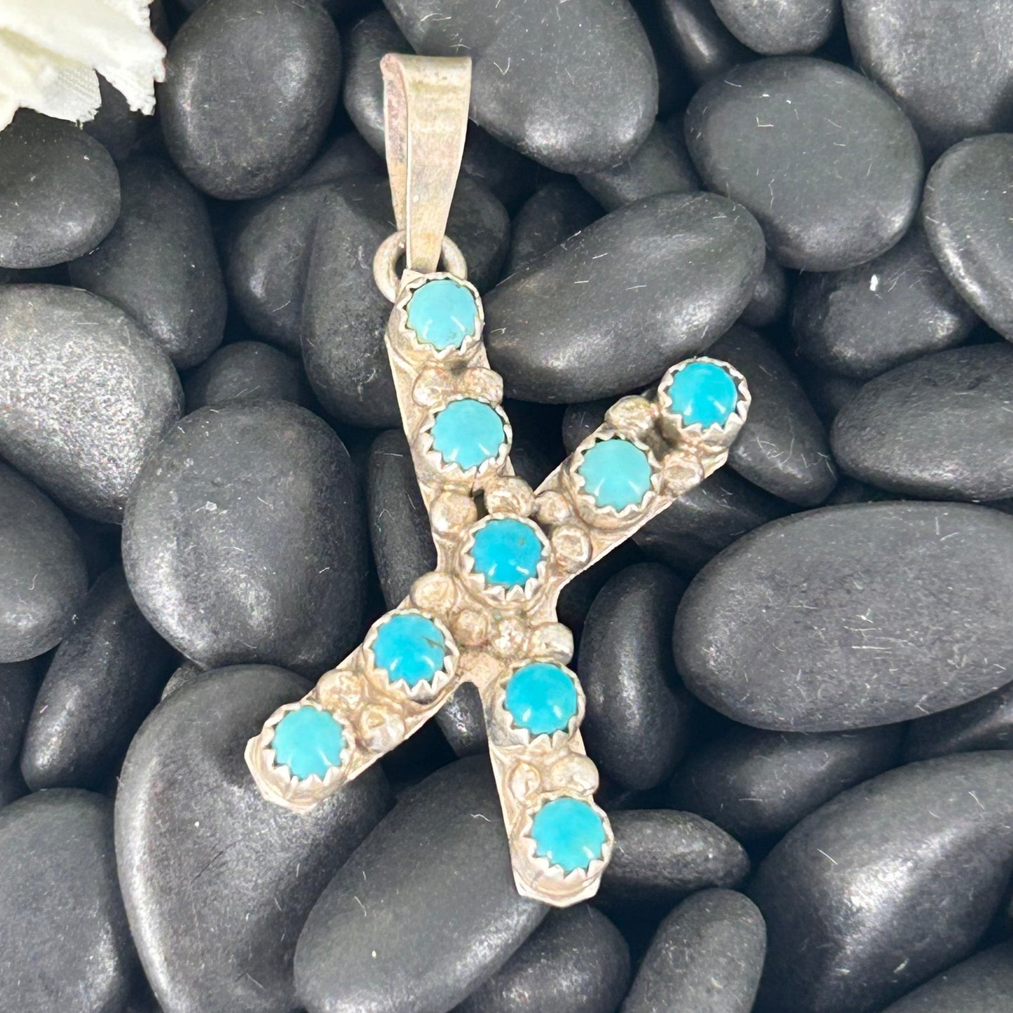 Sterling Kingman Turquoise Letter X Shaped Pendant (9 Small Stones) - Pendant - Stamped - Turquoise Sunset!