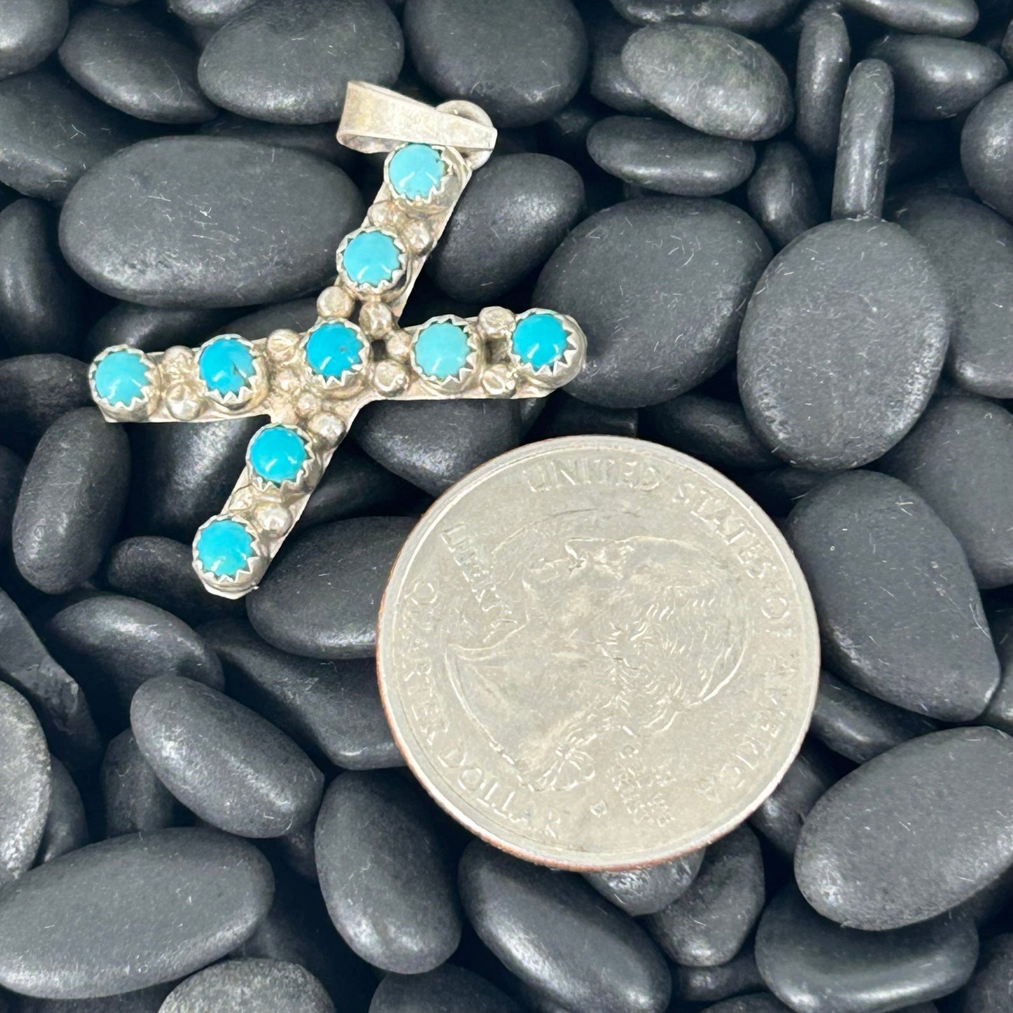 Sterling Kingman Turquoise Letter X Shaped Pendant (9 Small Stones) - Pendant - Stamped - Turquoise Sunset!