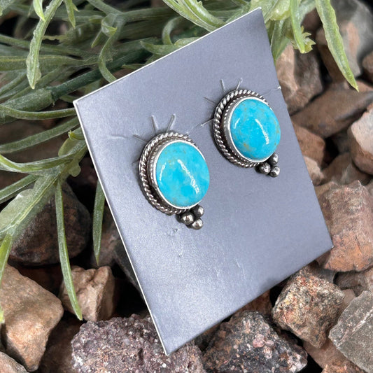 Navajo Sterling Kingman Turquoise Round Button Stud Earrings - Theresa Smith - Turquoise Sunset!