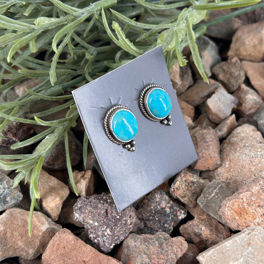 Navajo Sterling Kingman Turquoise Round Button Stud Earrings - Theresa Smith - Turquoise Sunset!