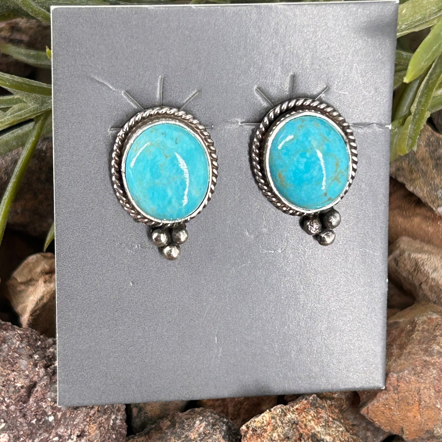 Navajo Sterling Kingman Turquoise Round Button Stud Earrings - Earrings - Theresa Smith - Turquoise Sunset!