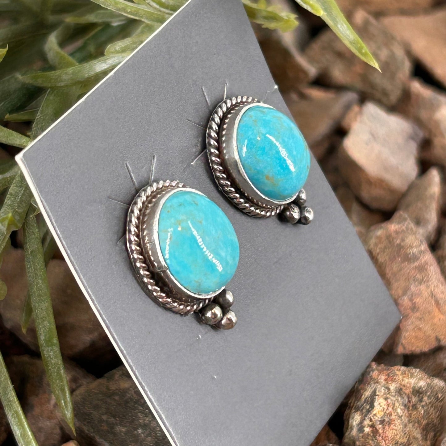 Navajo Sterling Kingman Turquoise Round Button Stud Earrings - Earrings - Theresa Smith - Turquoise Sunset!