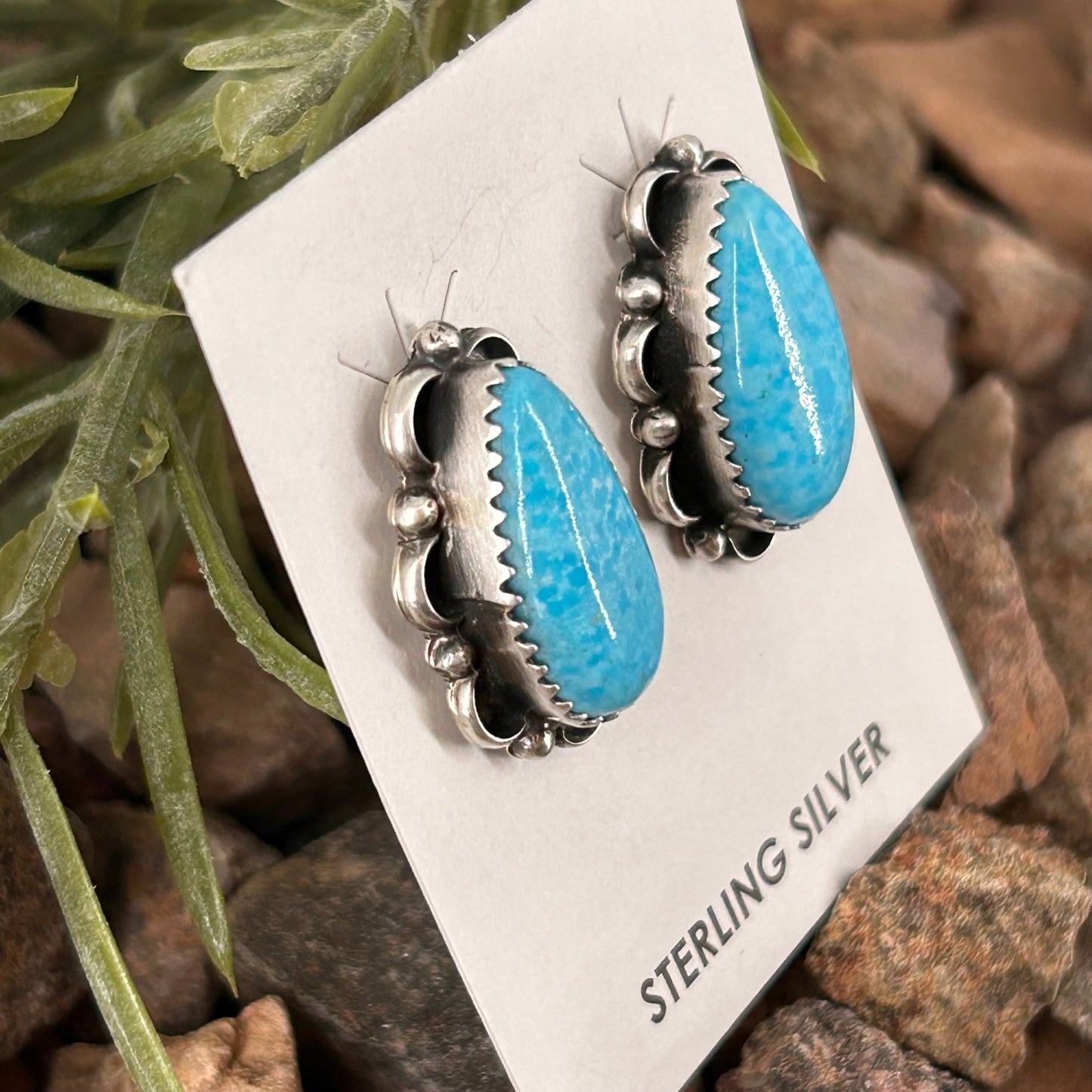Navajo Sterling Kingman Turquoise Teardrop Stud Earrings - Earrings - Freda Martinez - Turquoise Sunset!