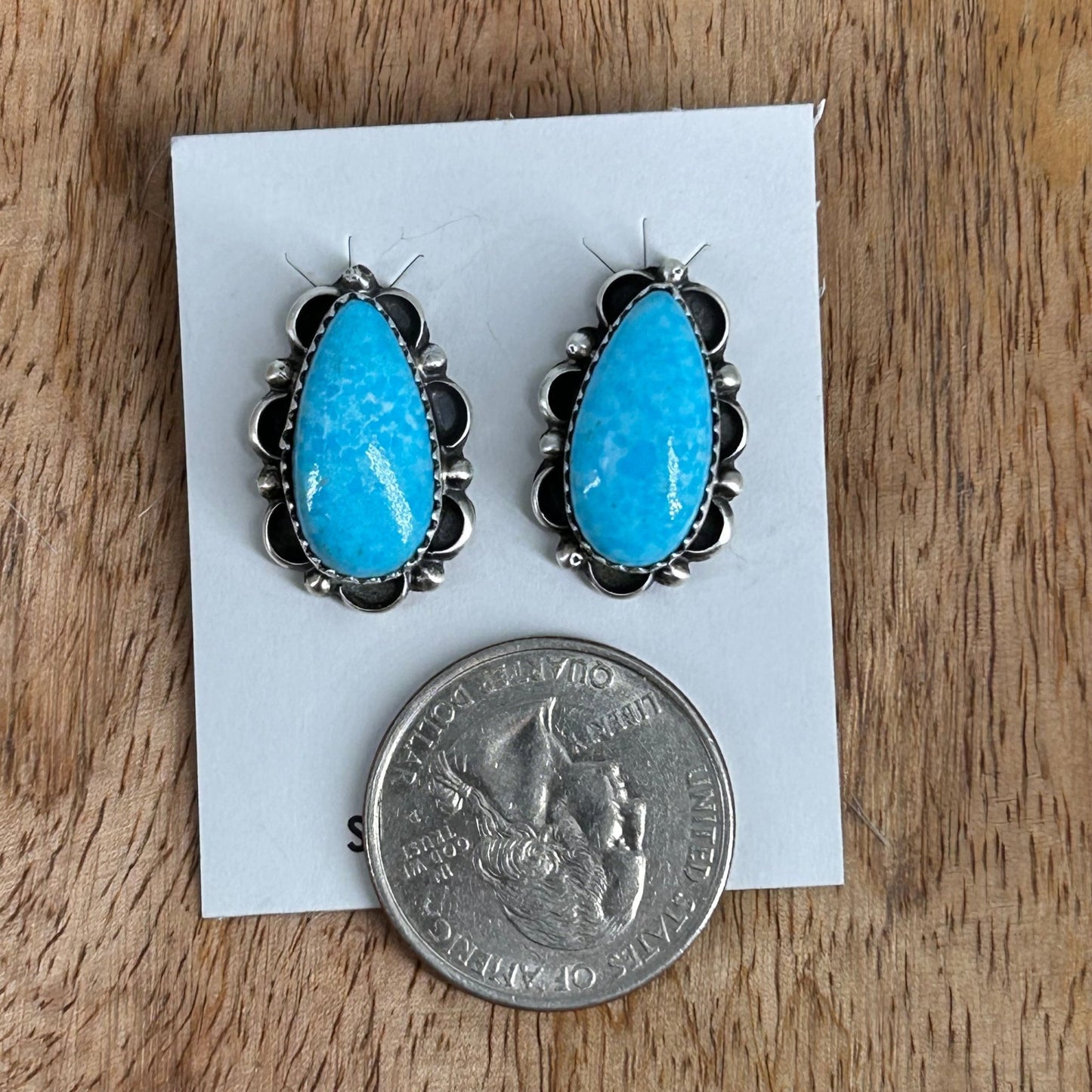Navajo Sterling Kingman Turquoise Teardrop Stud Earrings - Earrings - Freda Martinez - Turquoise Sunset!