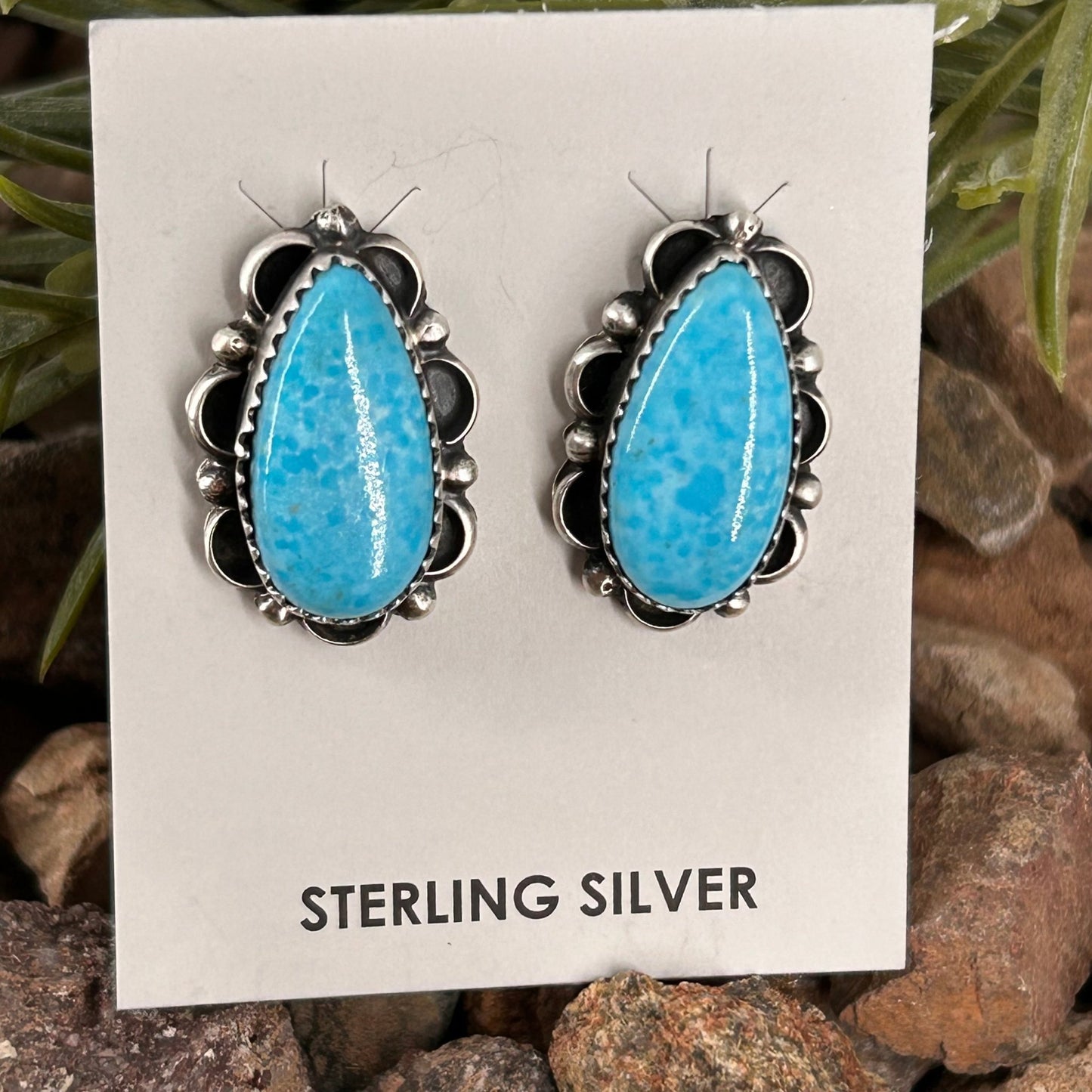 Navajo Sterling Kingman Turquoise Teardrop Stud Earrings - Earrings - Freda Martinez - Turquoise Sunset!