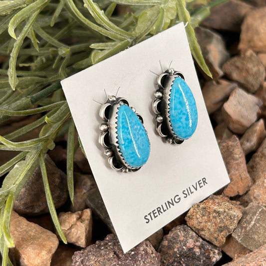 Navajo Sterling Kingman Turquoise Teardrop Stud Earrings - Freda Martinez - Turquoise Sunset!