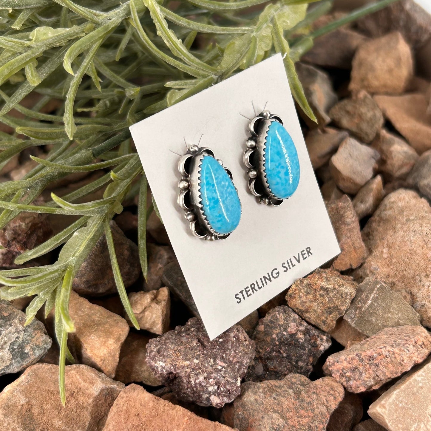 Navajo Sterling Kingman Turquoise Teardrop Stud Earrings - Earrings - Freda Martinez - Turquoise Sunset!