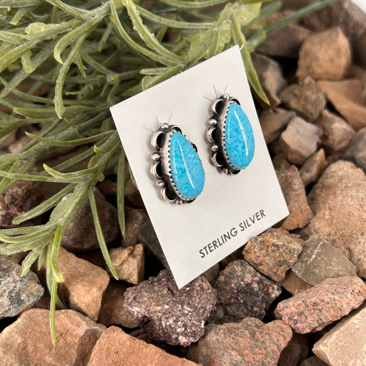 Navajo Sterling Kingman Turquoise Teardrop Stud Earrings - Freda Martinez - Turquoise Sunset!
