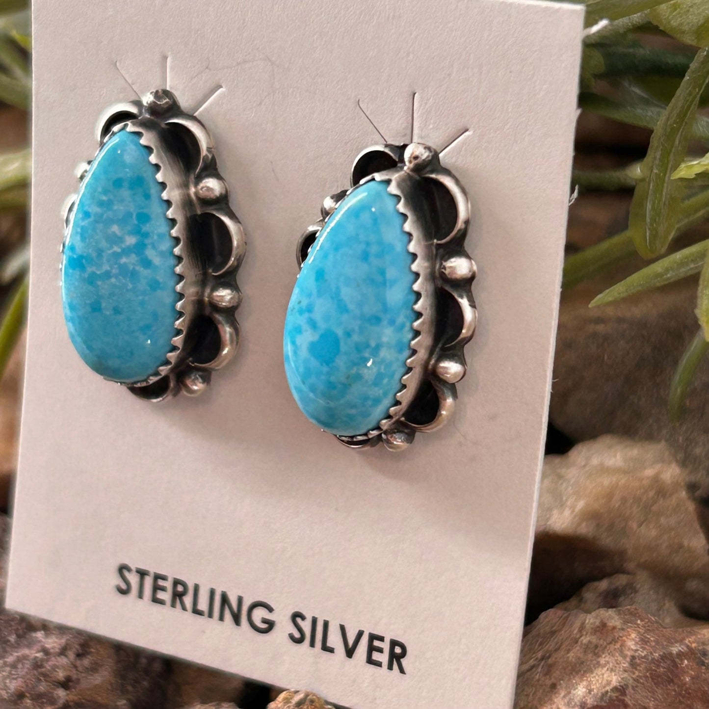Navajo Sterling Kingman Turquoise Teardrop Stud Earrings - Earrings - Freda Martinez - Turquoise Sunset!