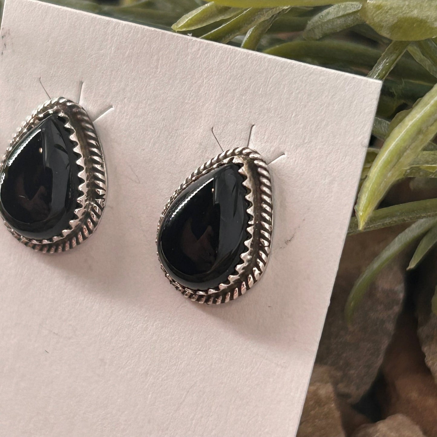 Navajo Sterling Onyx Braided Rope Trim Teardrop Stud Earrings - Earrings - Theresa Smith - Turquoise Sunset!