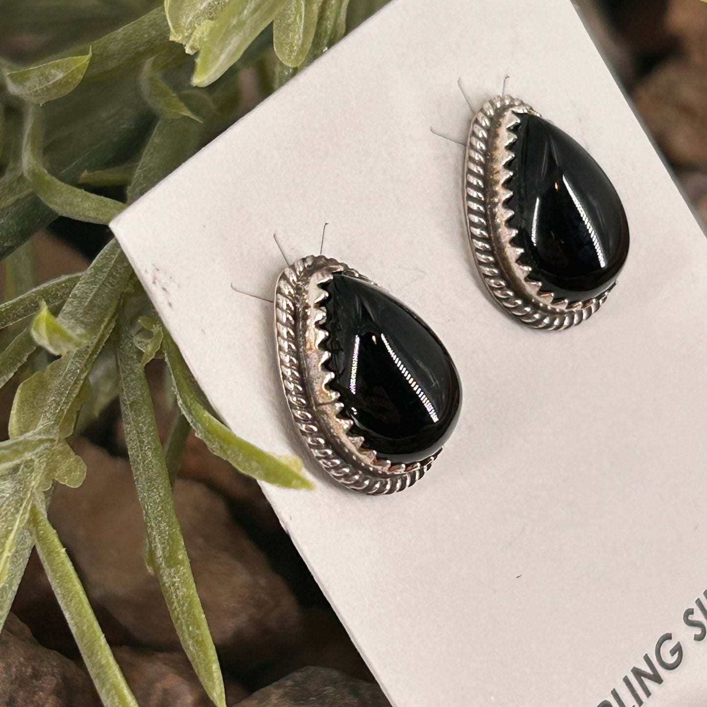 Navajo Sterling Onyx Braided Rope Trim Teardrop Stud Earrings - Earrings - Theresa Smith - Turquoise Sunset!