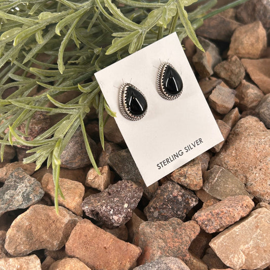 Navajo Sterling Onyx Braided Rope Trim Teardrop Stud Earrings - Theresa Smith - Turquoise Sunset!