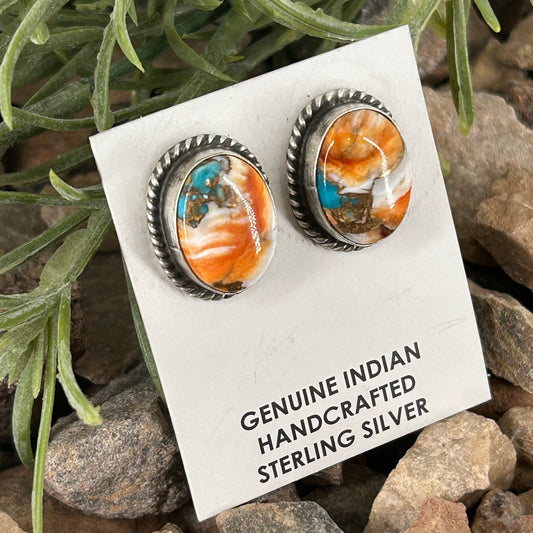 Navajo Sterling Orange Krush Braided Rope Stud Earrings - Judith Dixon - Turquoise Sunset!