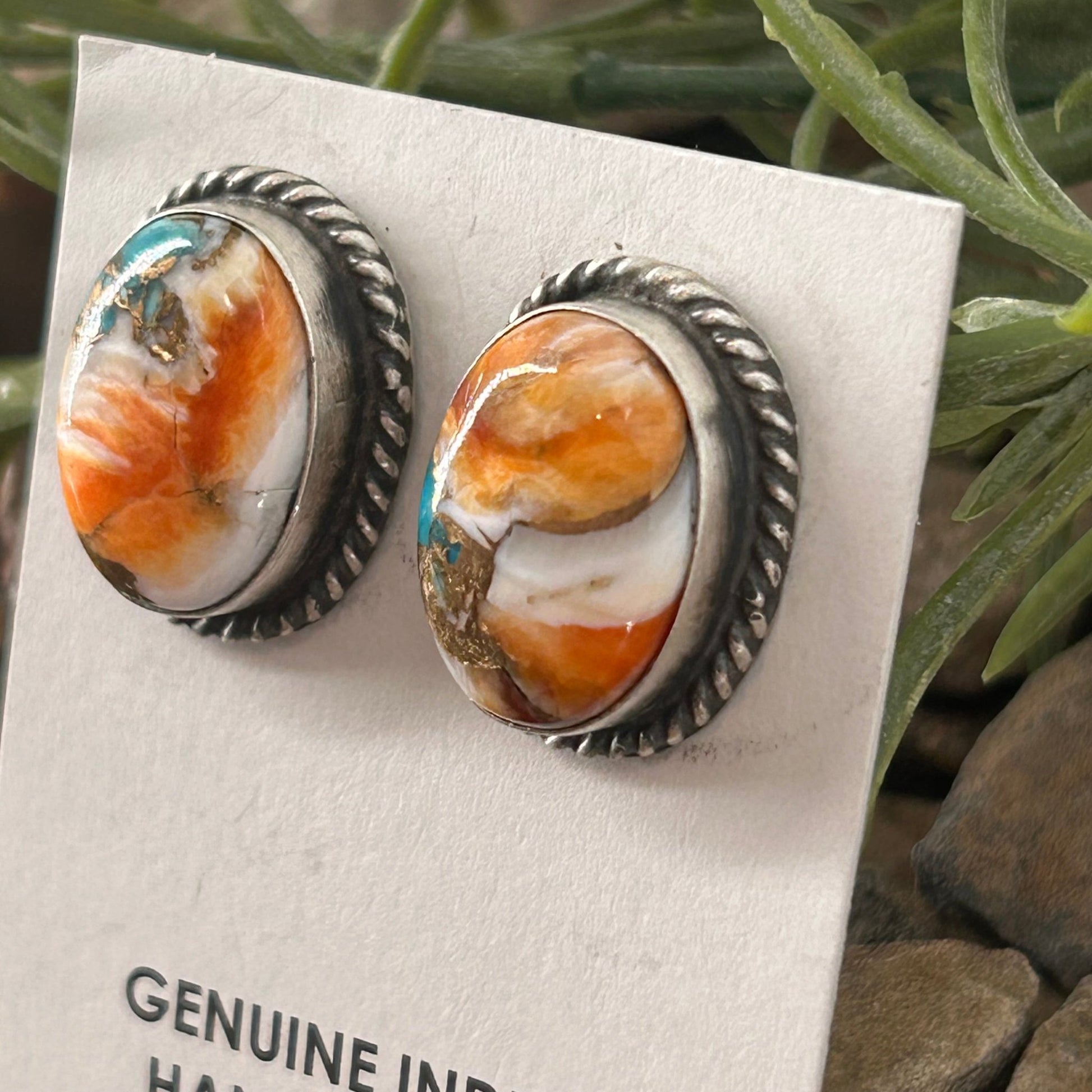 Navajo Sterling Orange Krush Braided Rope Stud Earrings - Judith Dixon - Turquoise Sunset!