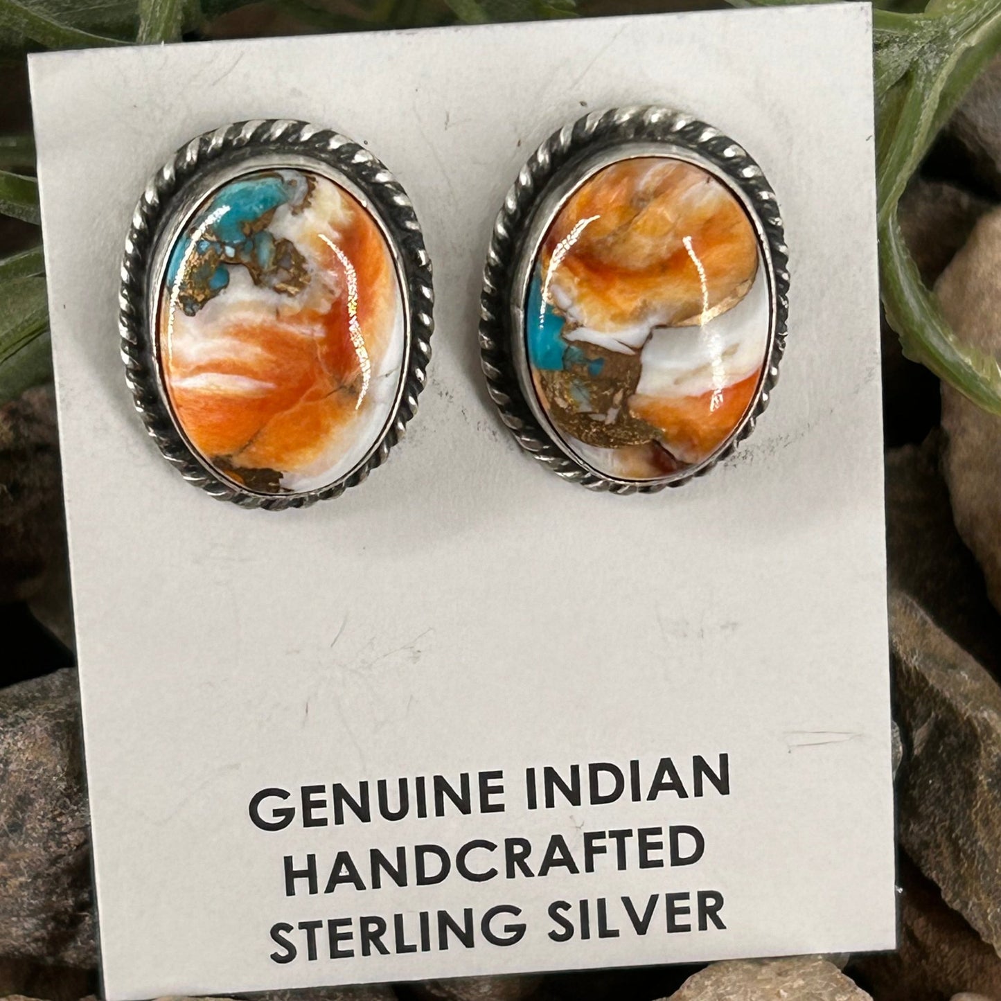 Navajo Sterling Orange Krush Braided Rope Stud Earrings - Judith Dixon - Turquoise Sunset!