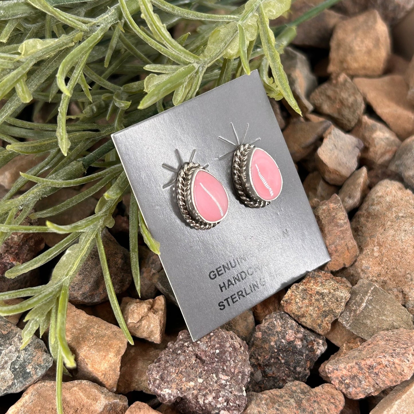 Navajo Sterling Pink Conch Braided Rope Trim Teardrop Stud Earrings - Trish Largo - Turquoise Sunset!