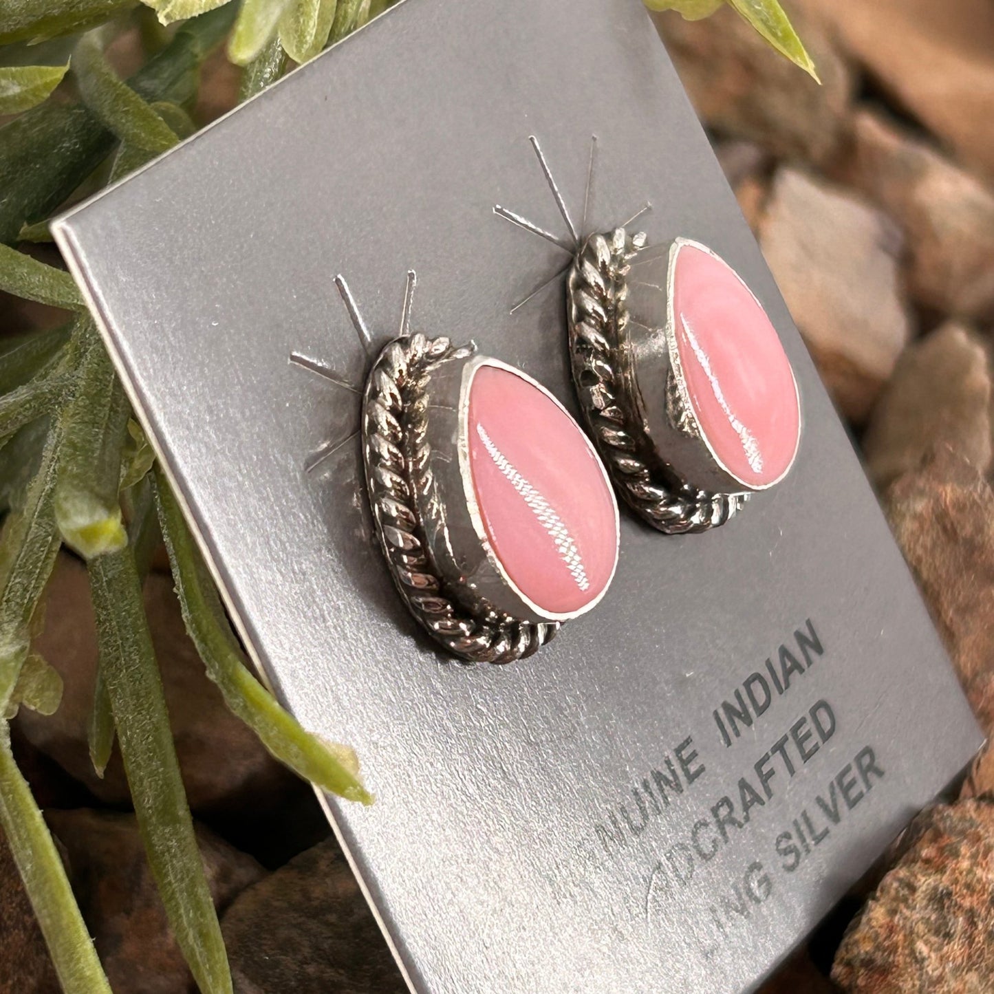 Navajo Sterling Pink Conch Braided Rope Trim Teardrop Stud Earrings - Trish Largo - Turquoise Sunset!