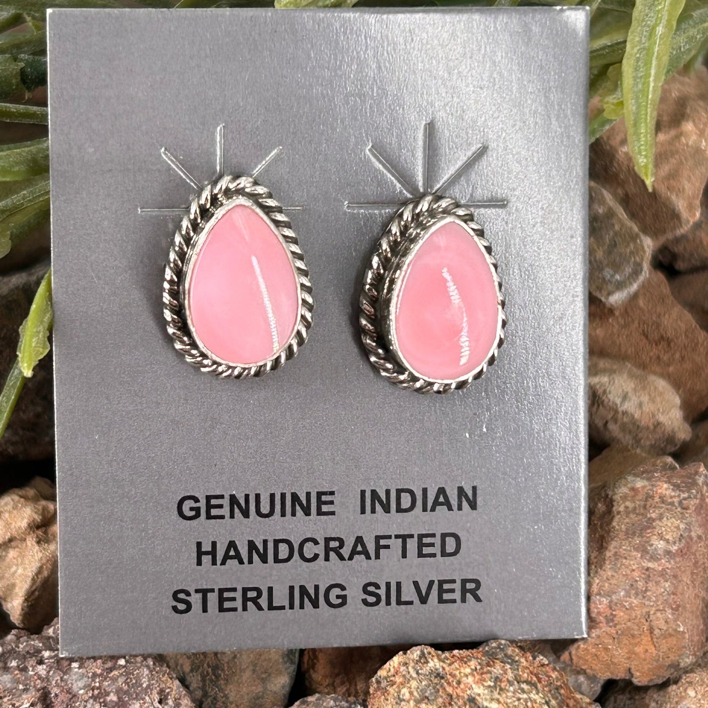 Navajo Sterling Pink Conch Braided Rope Trim Teardrop Stud Earrings - Trish Largo - Turquoise Sunset!