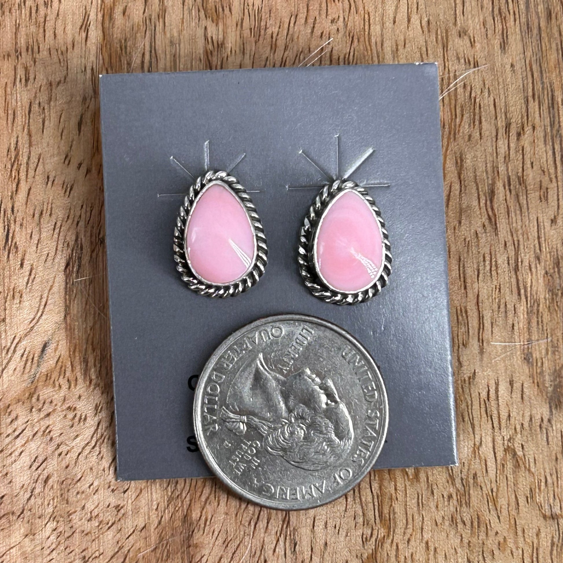 Navajo Sterling Pink Conch Braided Rope Trim Teardrop Stud Earrings - Trish Largo - Turquoise Sunset!