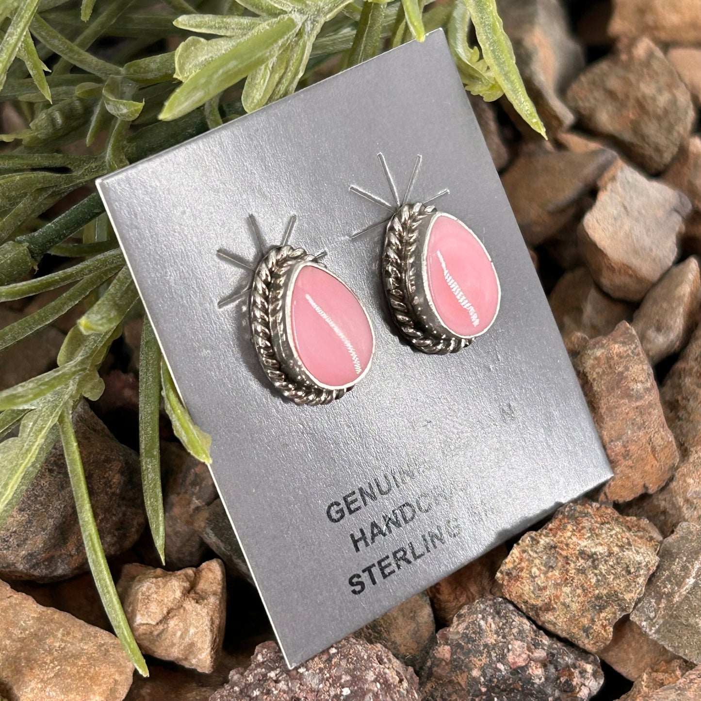 Navajo Sterling Pink Conch Braided Rope Trim Teardrop Stud Earrings - Trish Largo - Turquoise Sunset!