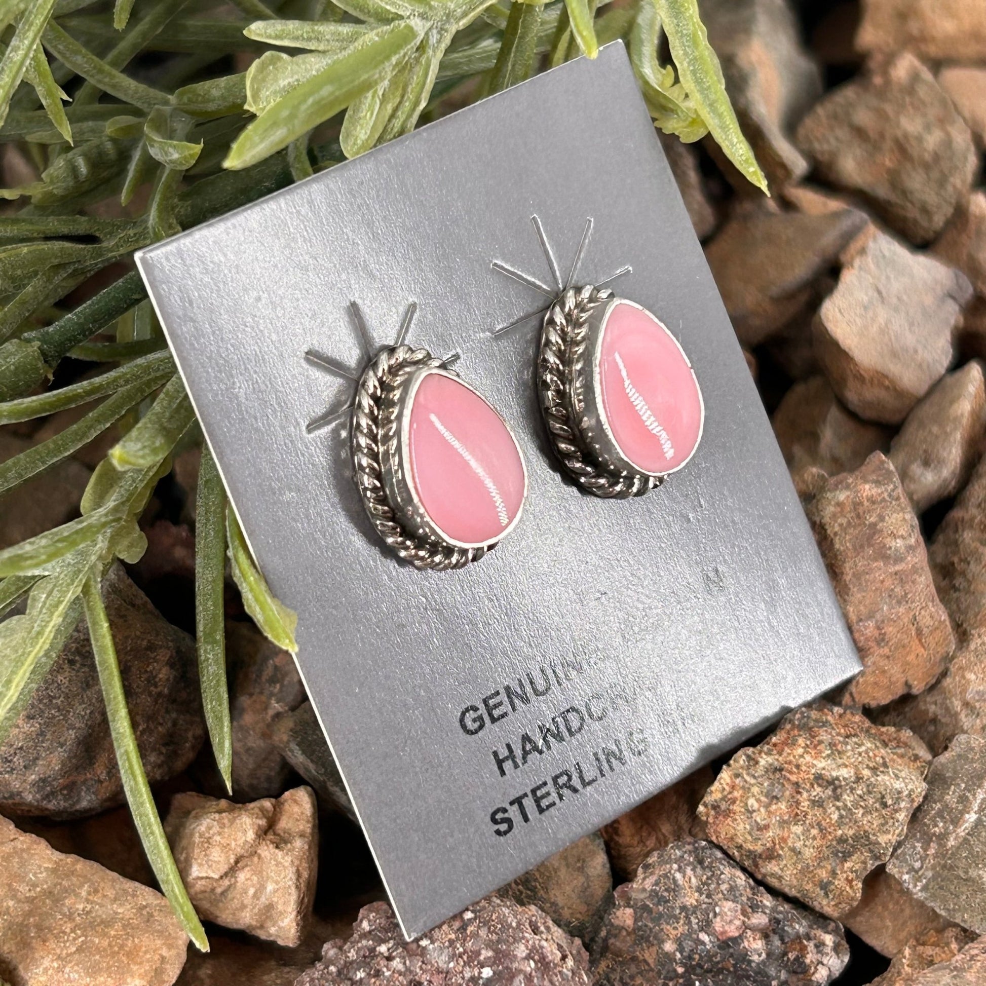 Navajo Sterling Pink Conch Braided Rope Trim Teardrop Stud Earrings - Trish Largo - Turquoise Sunset!