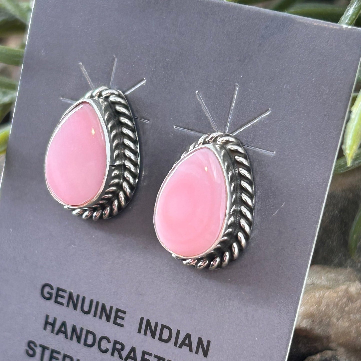 Navajo Sterling Pink Conch Braided Rope Trim Teardrop Stud Earrings - Trish Largo - Turquoise Sunset!