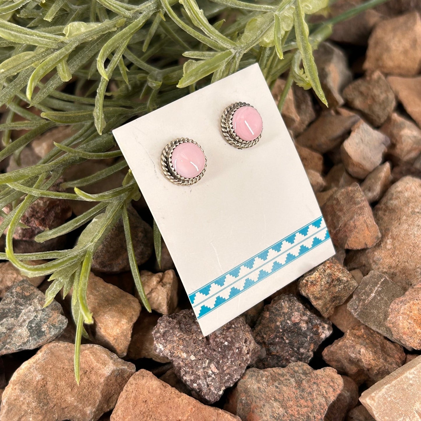 Navajo Sterling Pink Conch Round Button Stud Earrings - Esther White - Turquoise Sunset!