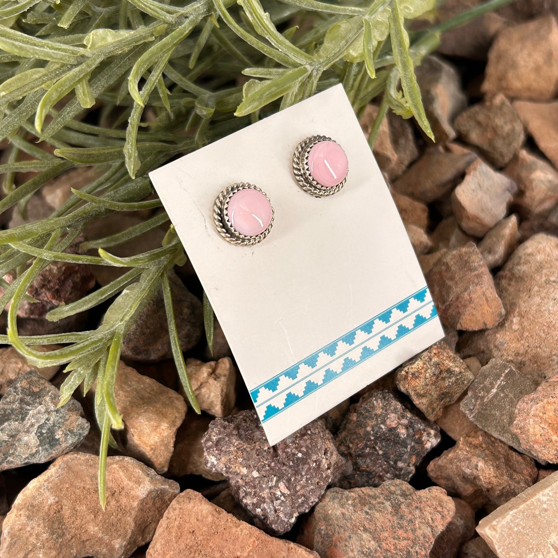 Navajo Sterling Pink Conch Round Button Stud Earrings - Esther White - Turquoise Sunset!