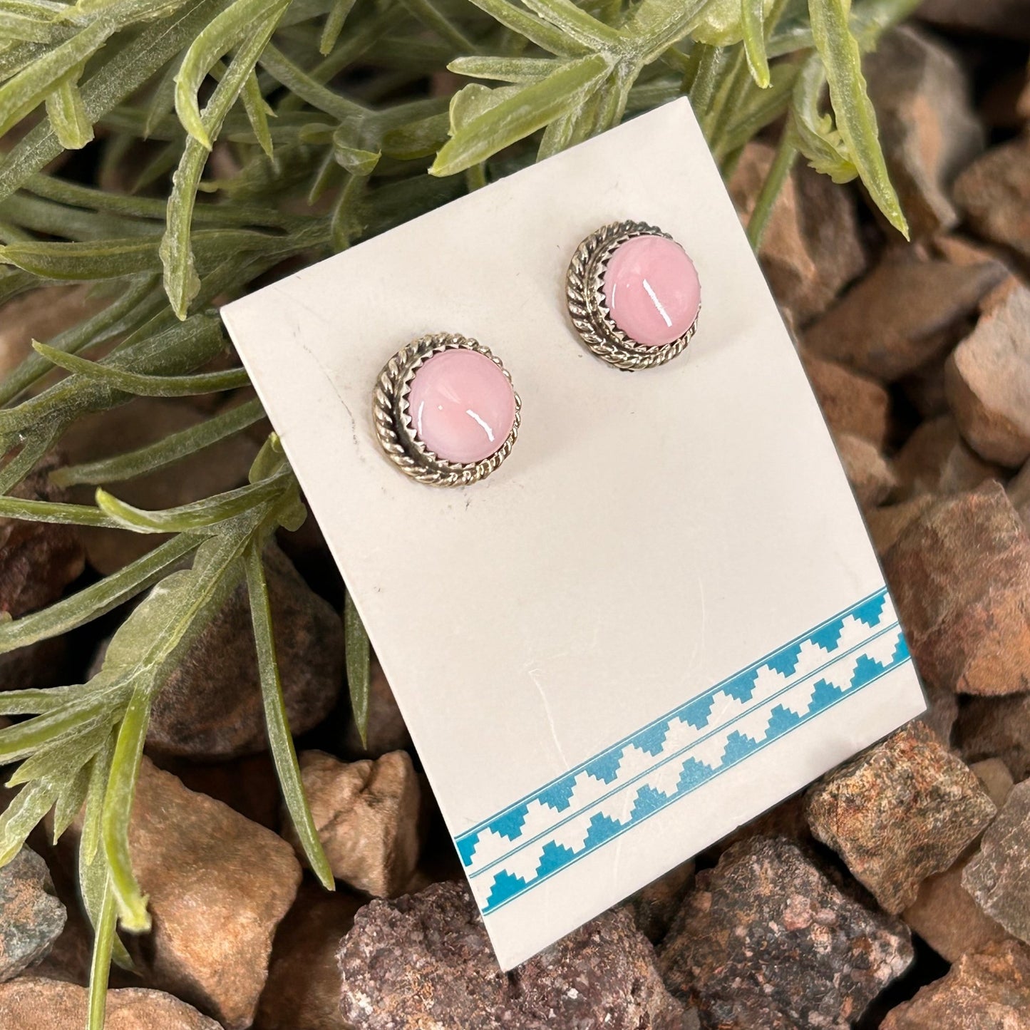 Navajo Sterling Pink Conch Round Button Stud Earrings - Esther White - Turquoise Sunset!