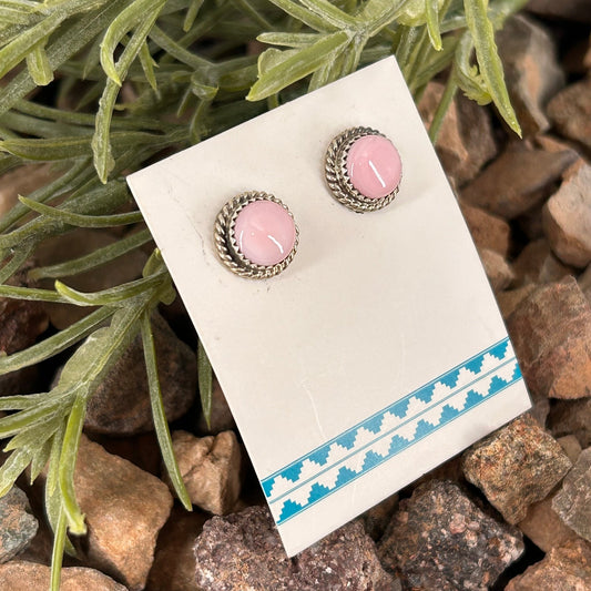 Navajo Sterling Pink Conch Round Button Stud Earrings - Esther White - Turquoise Sunset!