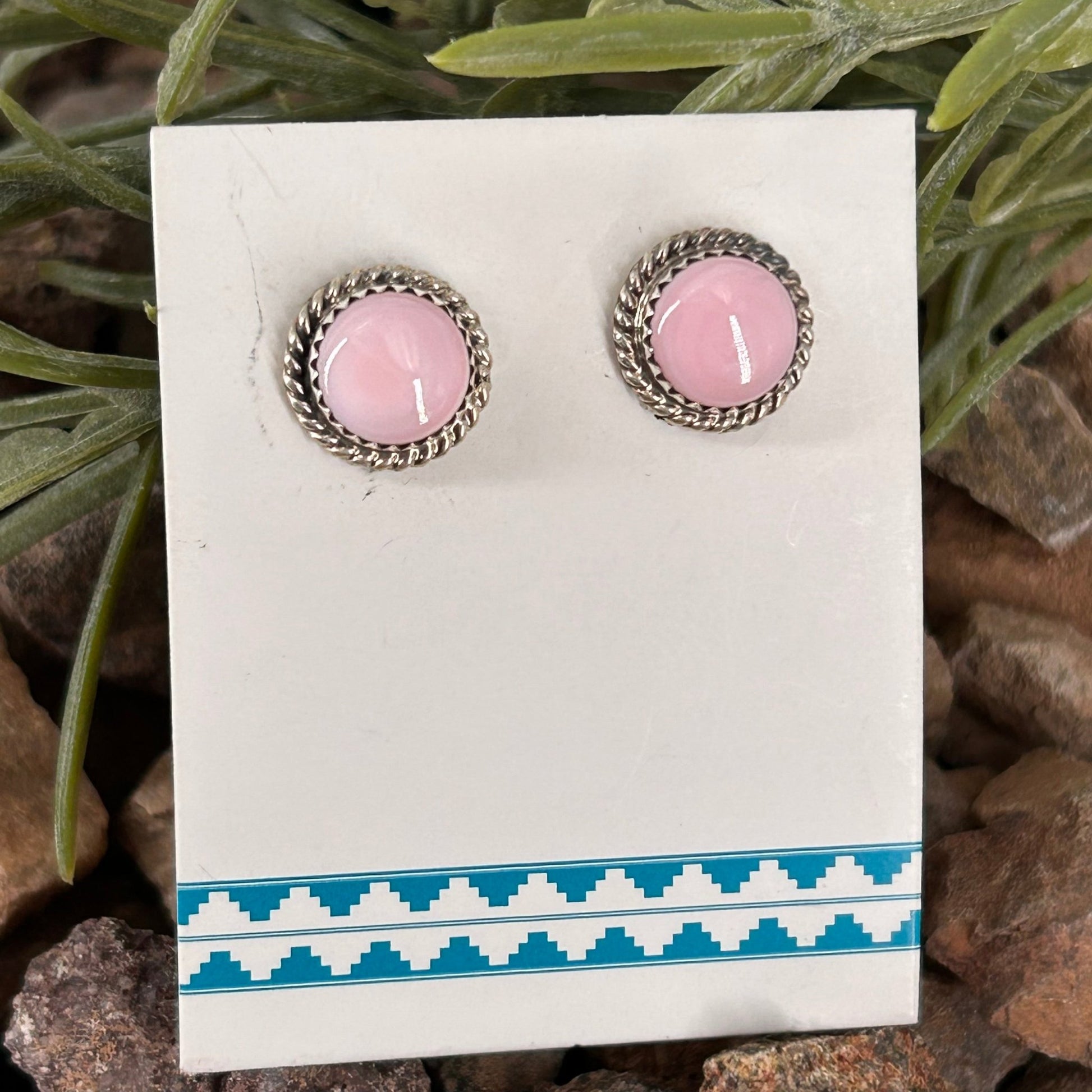 Navajo Sterling Pink Conch Round Button Stud Earrings - Esther White - Turquoise Sunset!